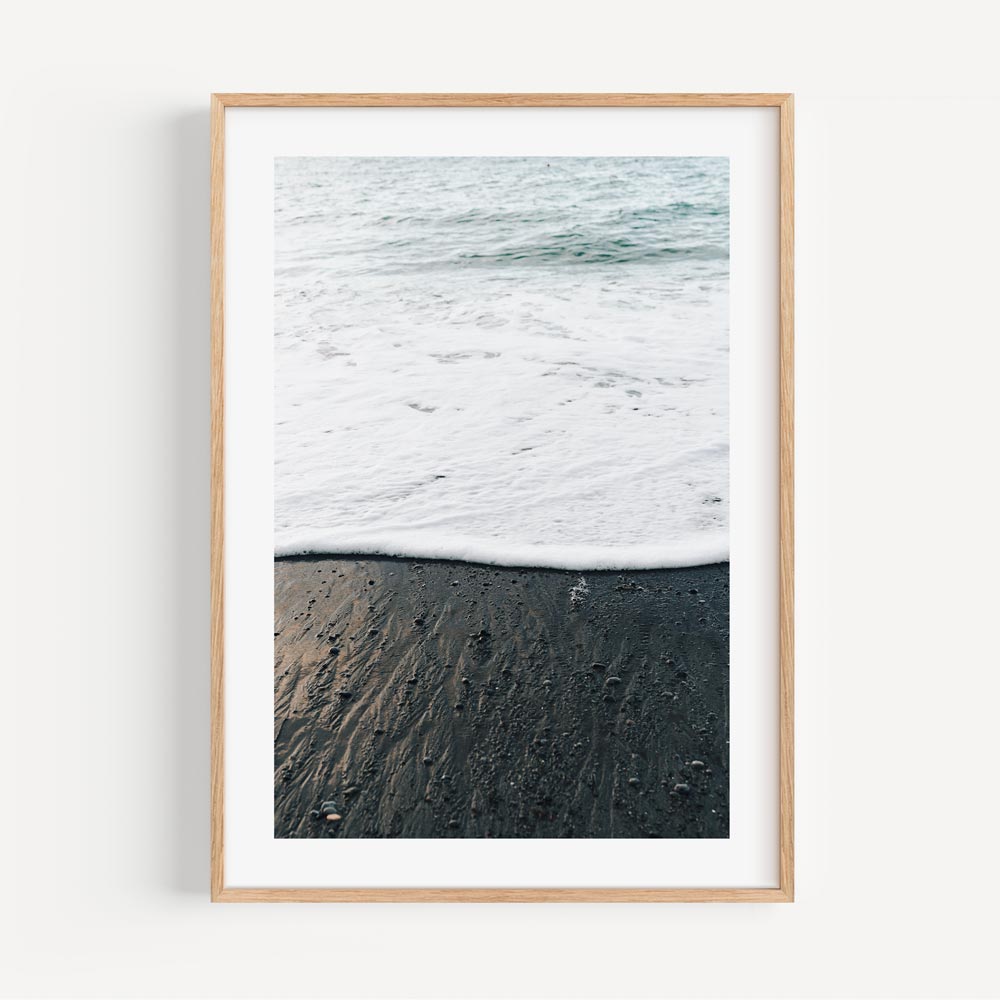 Tranquil Shoreline Scene: Serene Oil Painting of Waves and Dark Sand