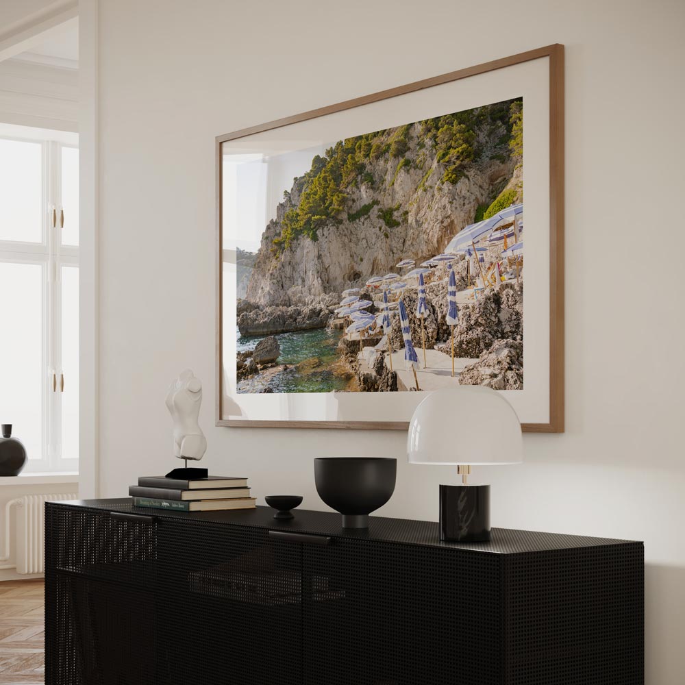 Serene Coastal Retreat with Beach Umbrellas and Scenic Cliffs in Oil Painting