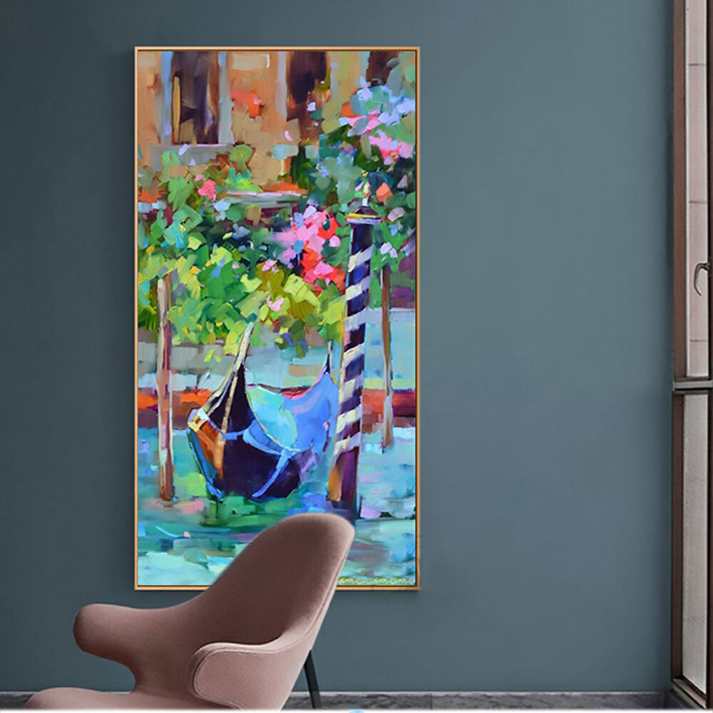 Charming Venetian Gondola with Vibrant Flowers - Colorful Oil Painting