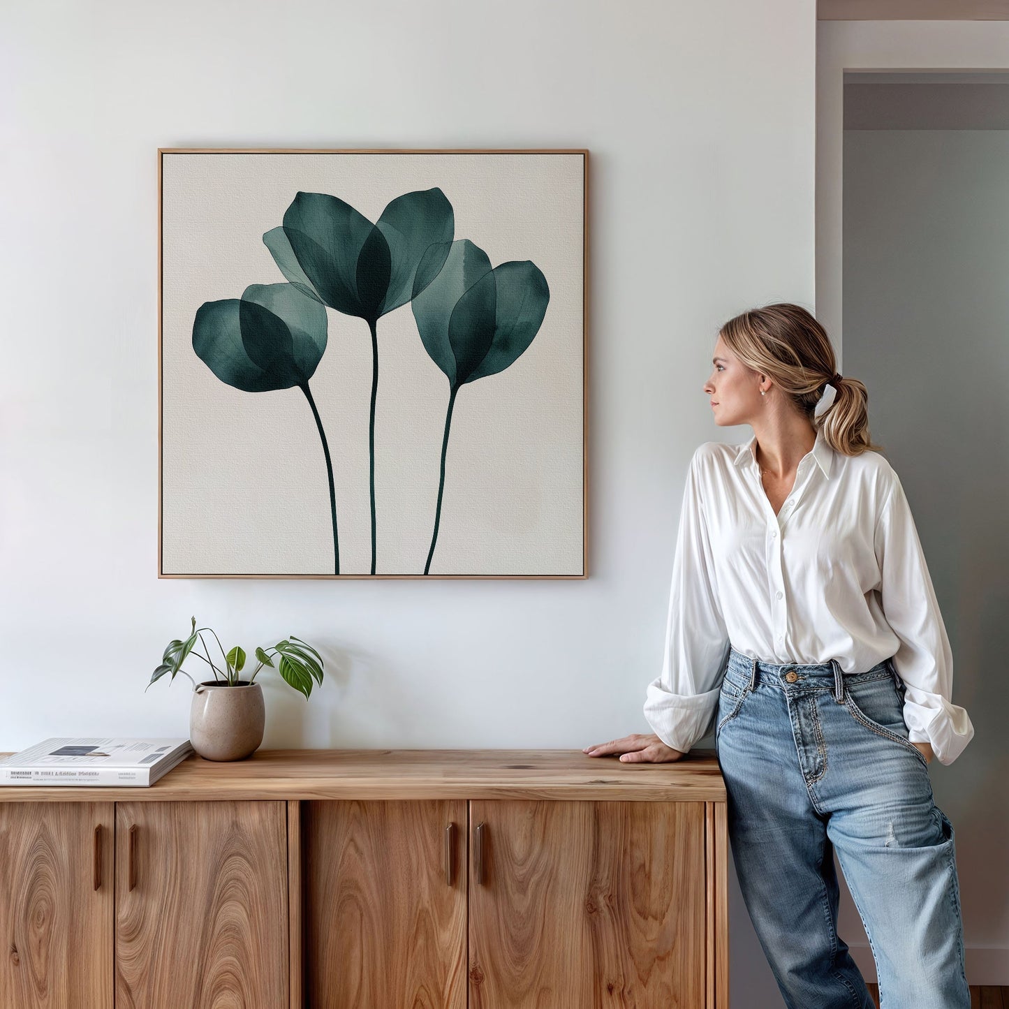 Elegant Leafy Green Floral Oil Painting for Modern Home Decor