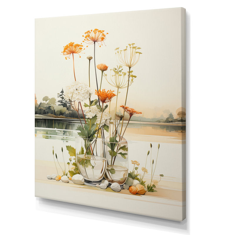 Minimalist White Beige Oil Painting of Elegant Flower Arrangement in Glass Vases