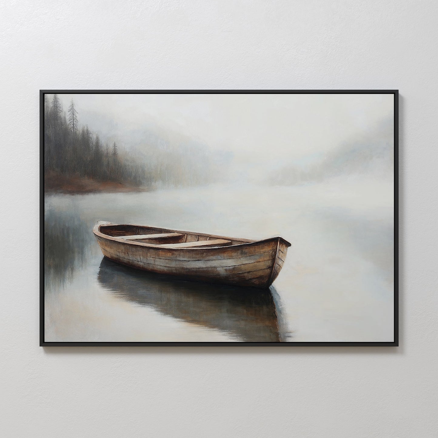 Serene Oil Painting of a Wooden Boat in Foggy Water – Tranquil Canvas Art