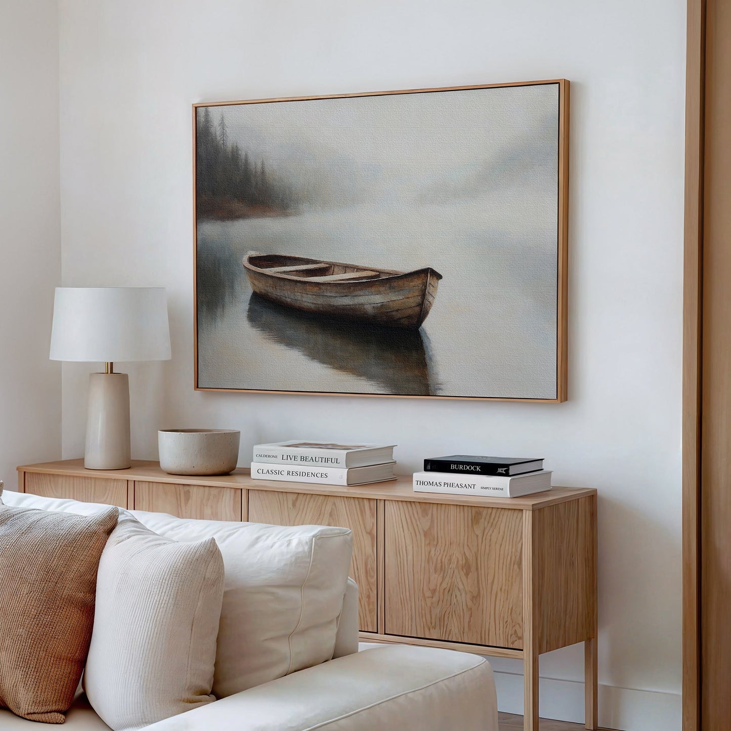 Serene Oil Painting of a Wooden Boat in Foggy Water – Tranquil Canvas Art