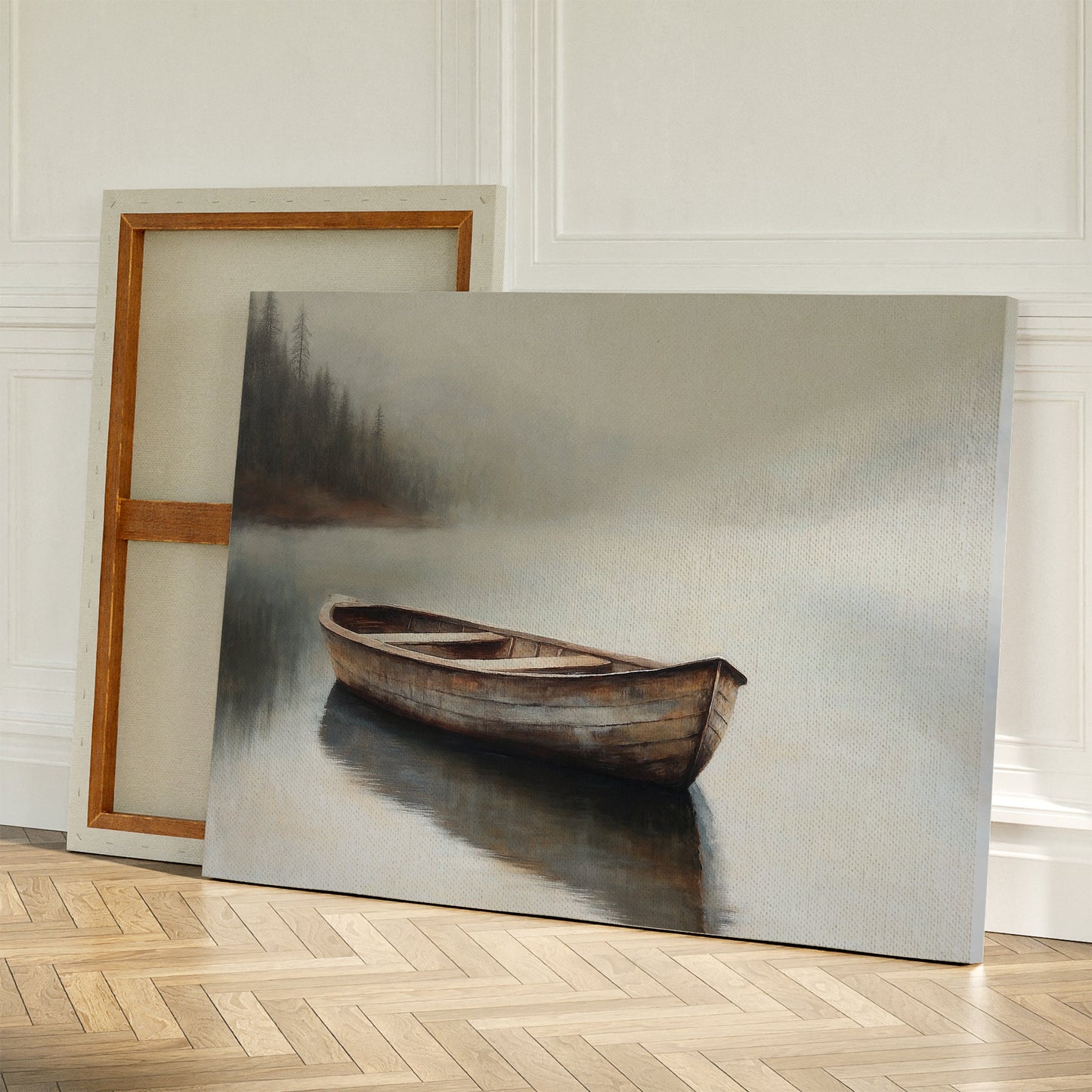 Serene Oil Painting of a Wooden Boat in Foggy Water – Tranquil Canvas Art