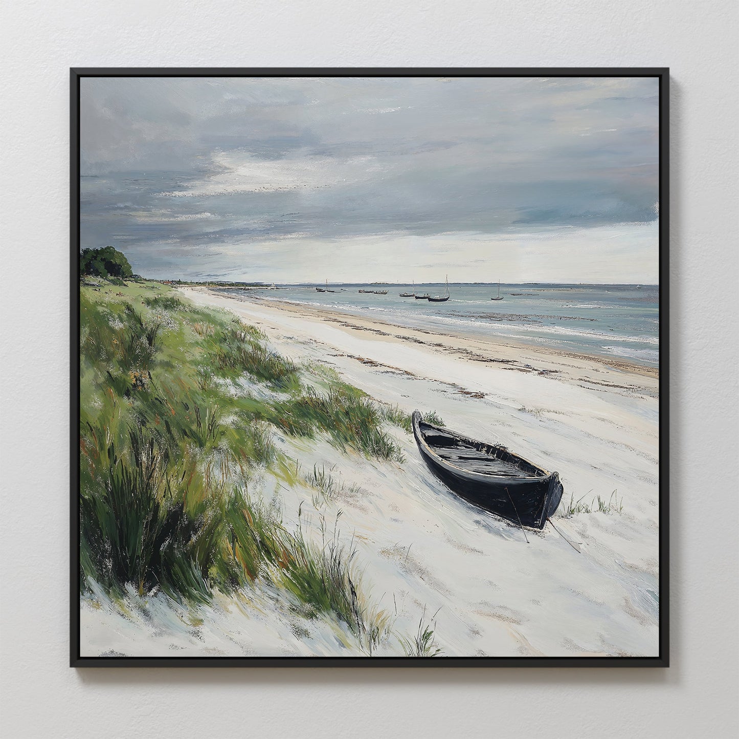 Coastal Serenity: Tranquil Beach Landscape Oil Painting with Rowboat