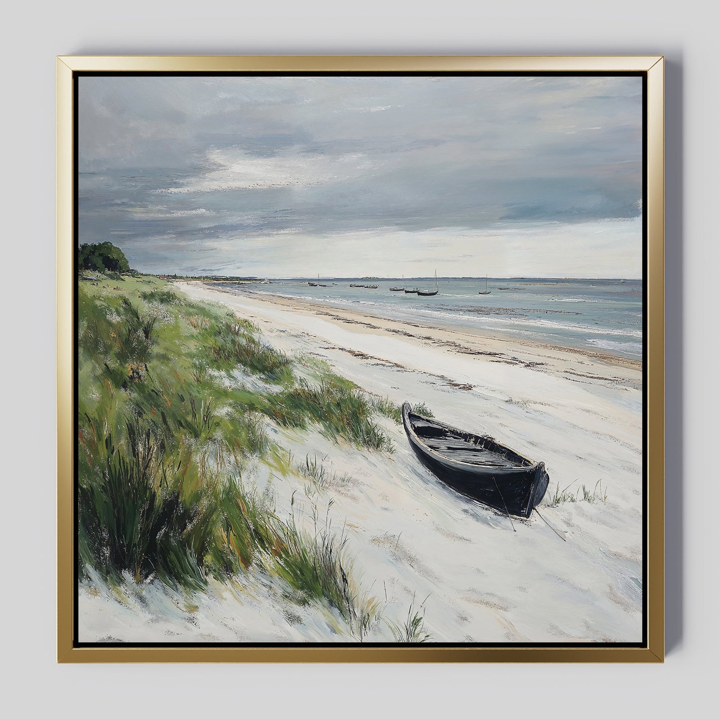 Coastal Serenity: Tranquil Beach Landscape Oil Painting with Rowboat
