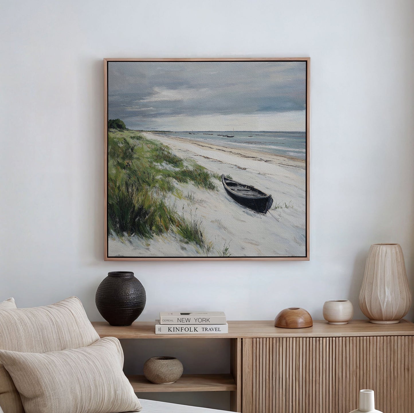 Coastal Serenity: Tranquil Beach Landscape Oil Painting with Rowboat