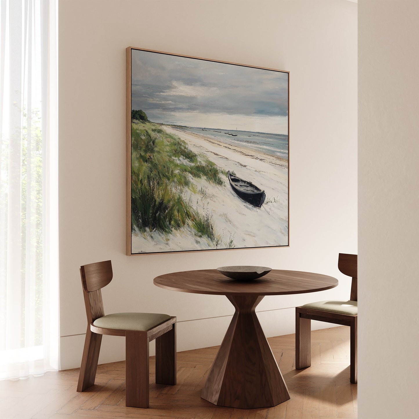 Coastal Serenity: Tranquil Beach Landscape Oil Painting with Rowboat