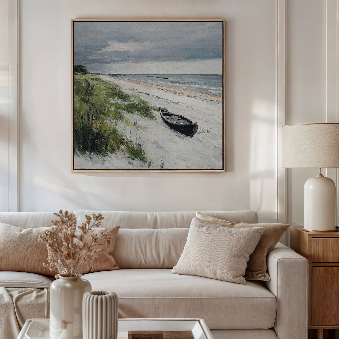Coastal Serenity: Tranquil Beach Landscape Oil Painting with Rowboat