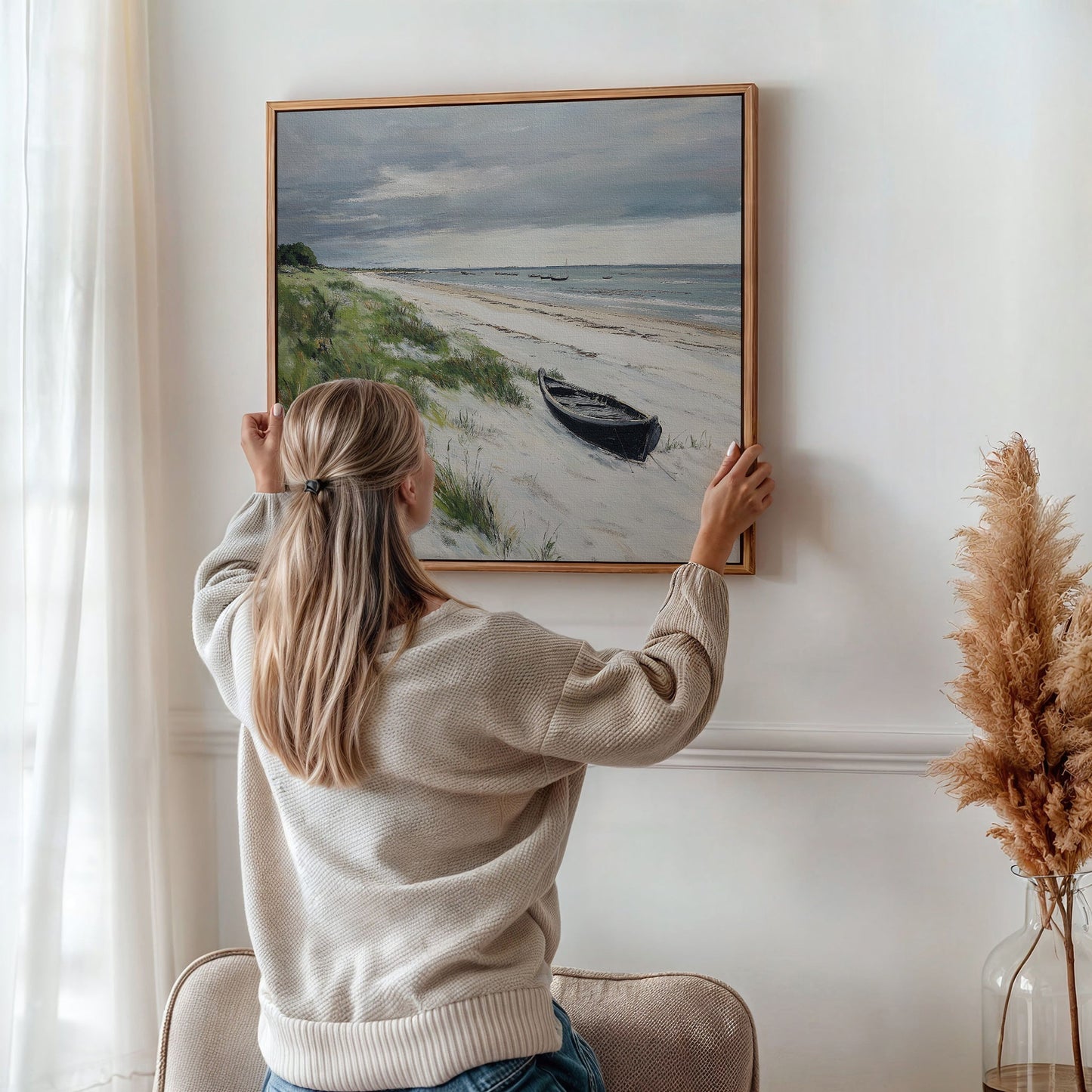 Coastal Serenity: Tranquil Beach Landscape Oil Painting with Rowboat