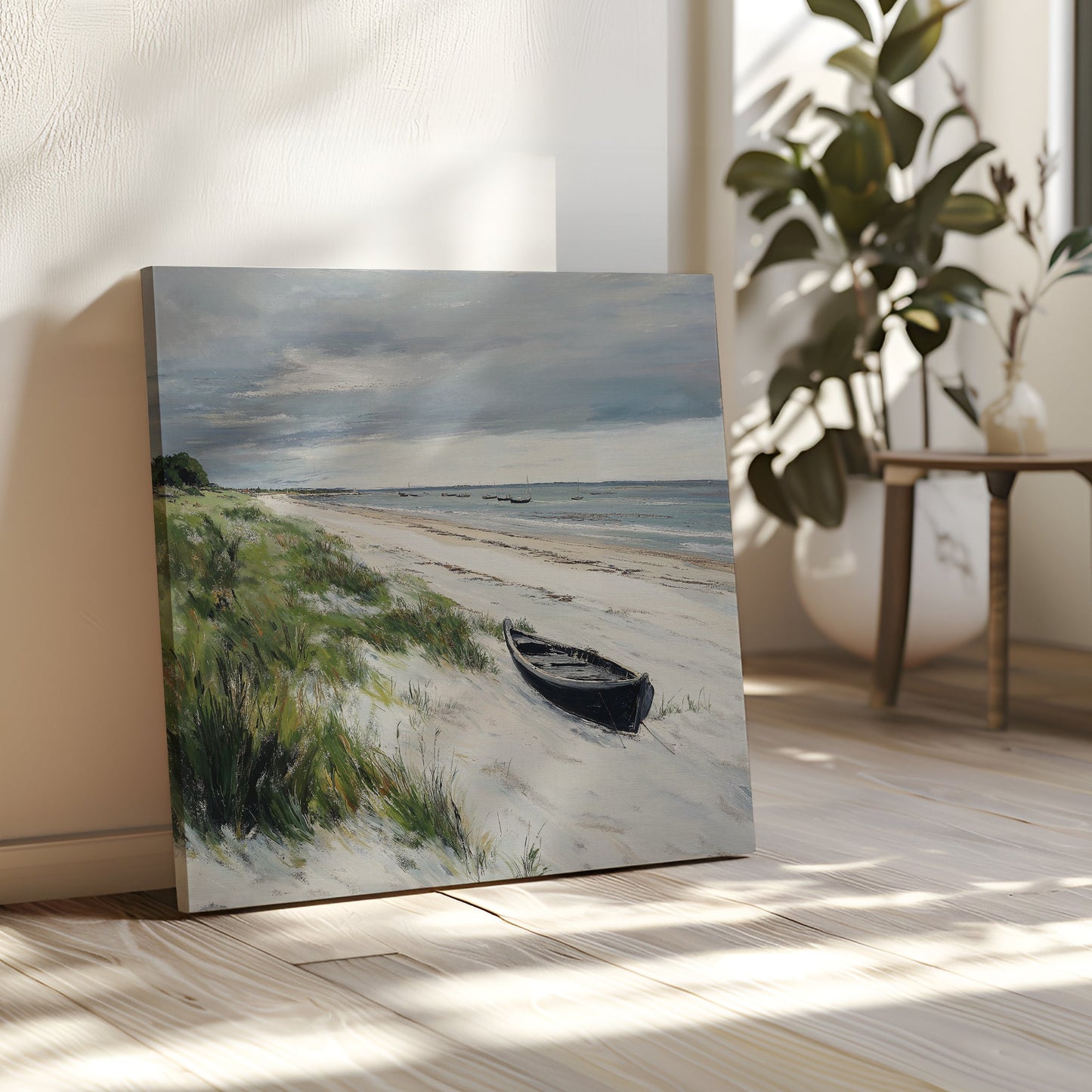 Coastal Serenity: Tranquil Beach Landscape Oil Painting with Rowboat