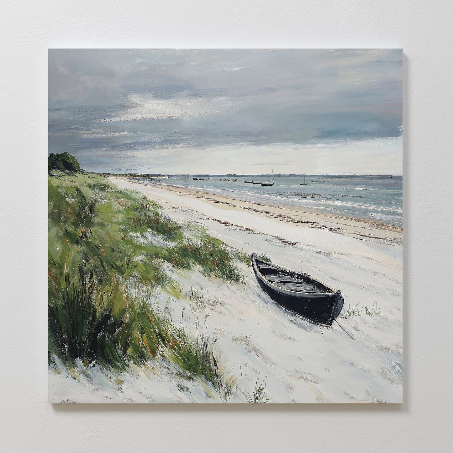 Coastal Serenity: Tranquil Beach Landscape Oil Painting with Rowboat