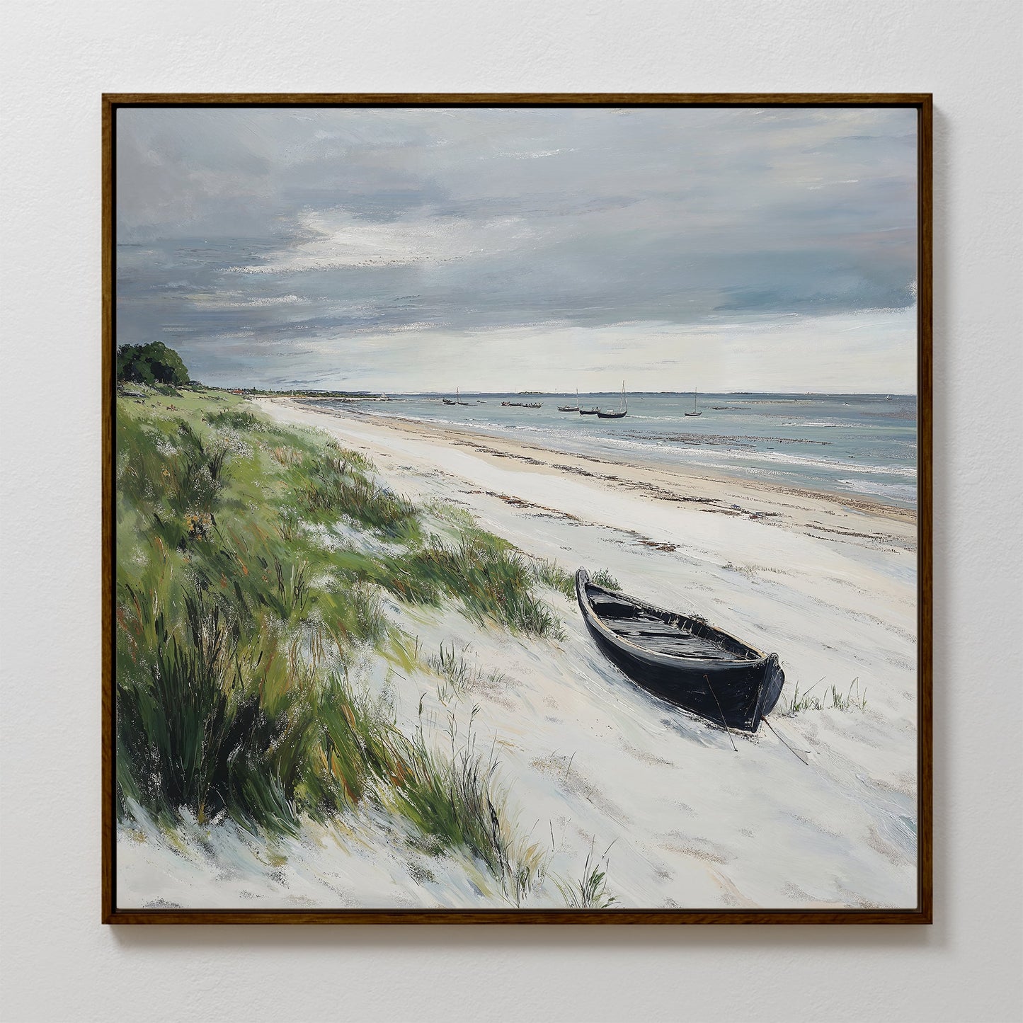 Coastal Serenity: Tranquil Beach Landscape Oil Painting with Rowboat