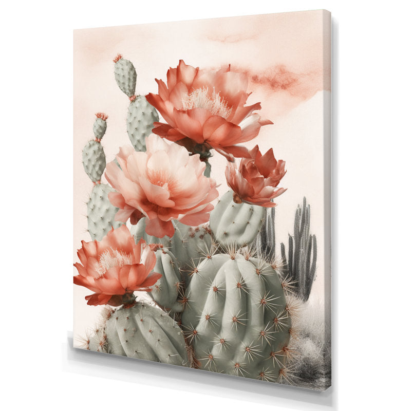 Vibrant Red Cactus Flowers in a Desert Landscape Oil Painting