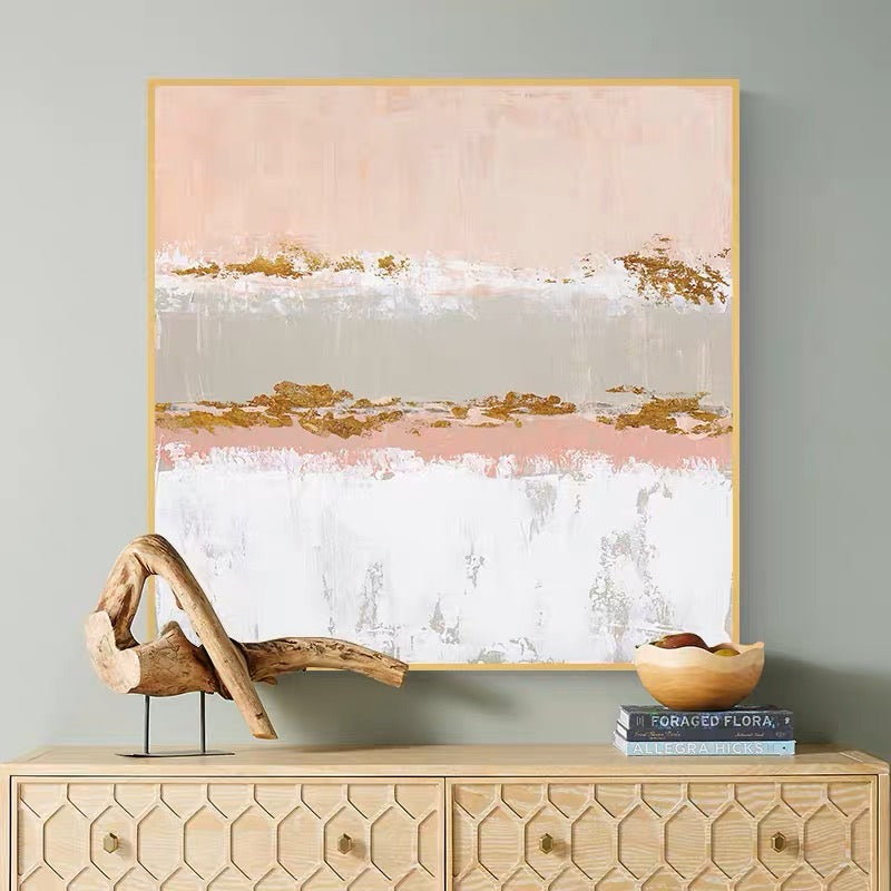 Elegant Abstract Oil Painting in Soft Pink and Gold Tones for Modern Decor