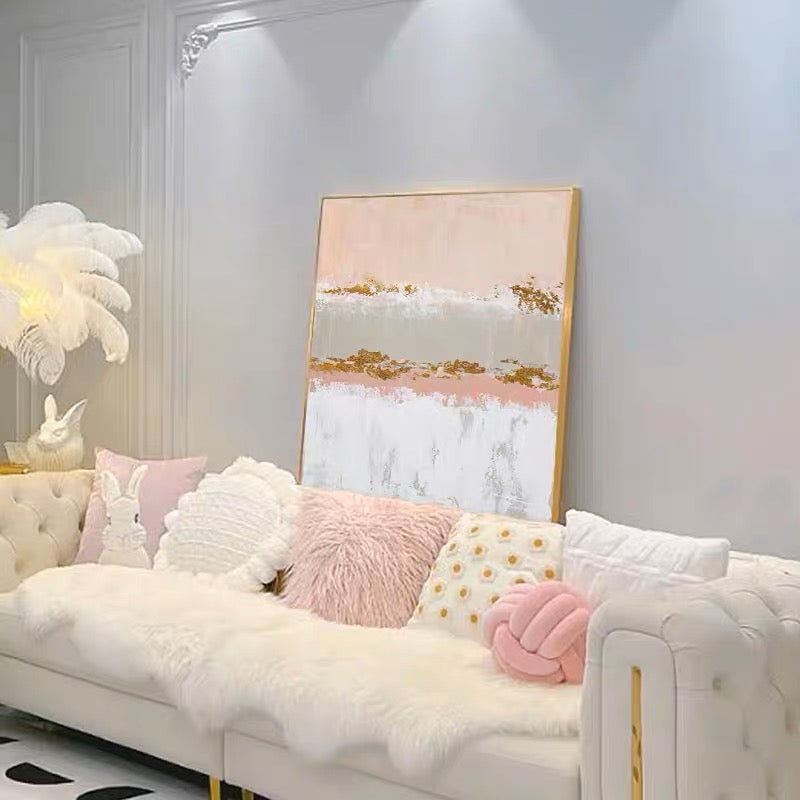 Elegant Abstract Oil Painting in Soft Pink and Gold Tones for Modern Decor