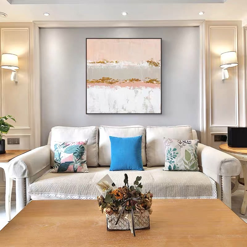 Elegant Abstract Oil Painting in Soft Pink and Gold Tones for Modern Decor
