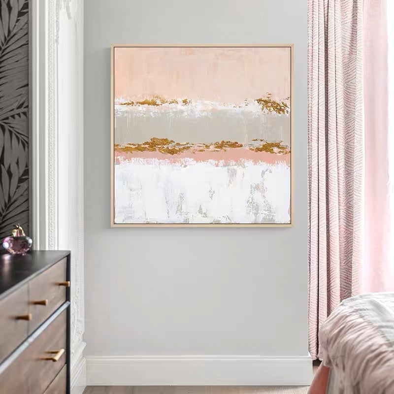 Elegant Abstract Oil Painting in Soft Pink and Gold Tones for Modern Decor