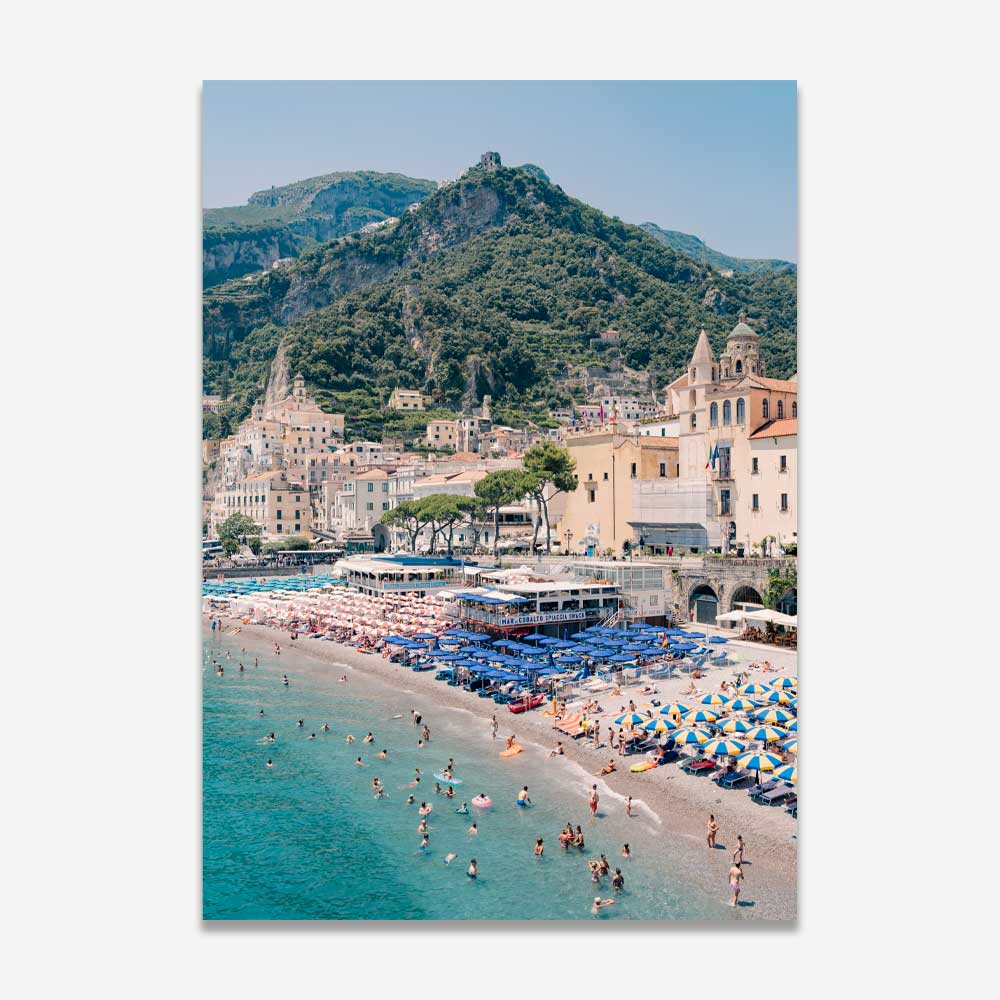 Vibrant Amalfi Coast Retreat - Serene Beach and Colorful Umbrellas Oil Painting