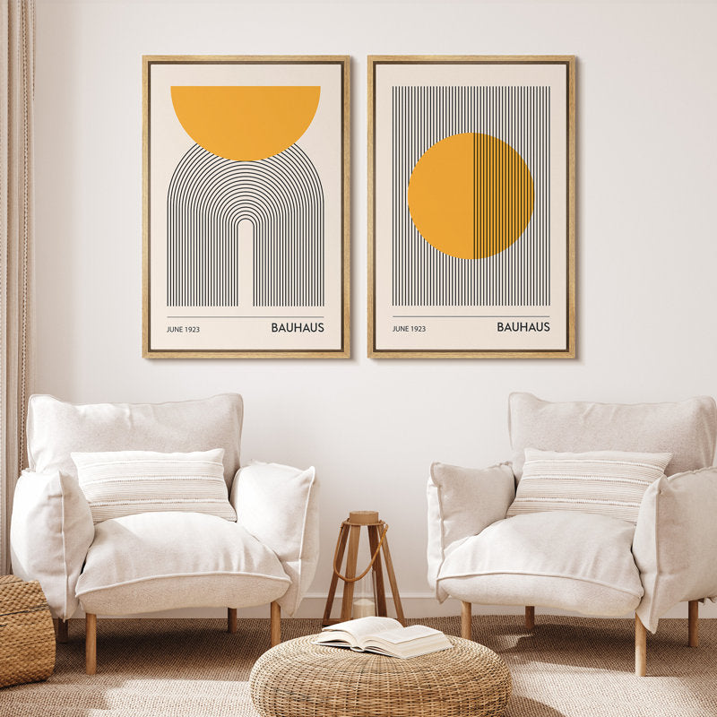Mid Century Modern Abstract Bauhaus Art Print Set in Yellow and Black Framed Decor