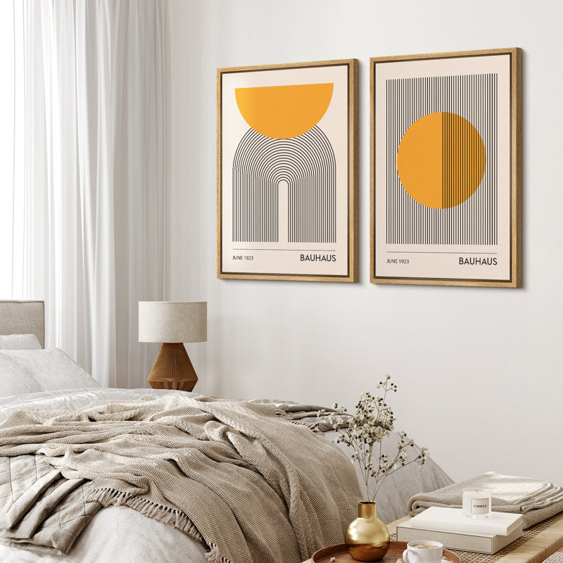 Mid Century Modern Abstract Bauhaus Art Print Set in Yellow and Black Framed Decor