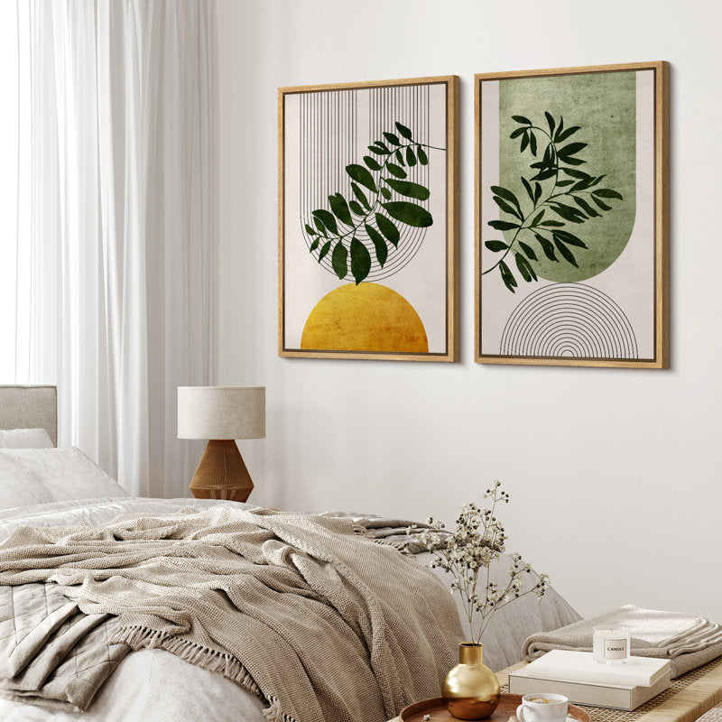 Modern Boho Green Yellow Plant Artwork Framed Canvas Wall Art Set