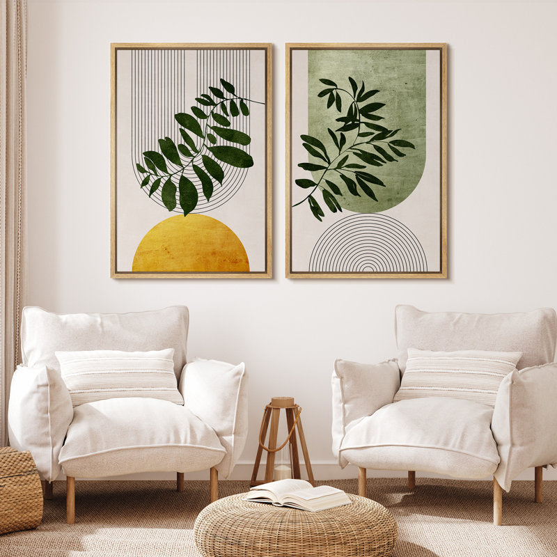 Modern Boho Green Yellow Plant Artwork Framed Canvas Wall Art Set