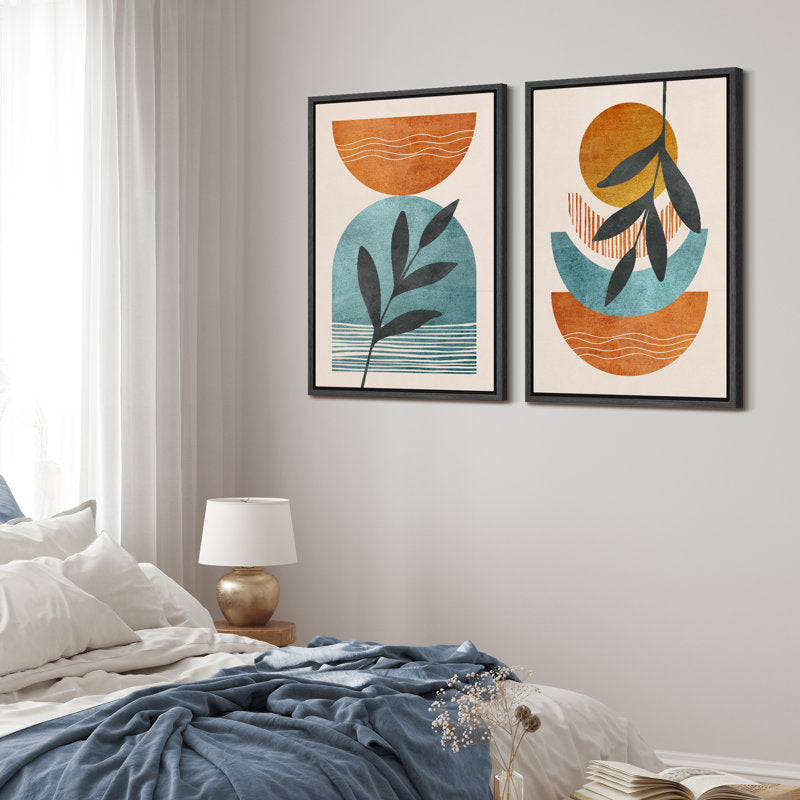 Modern Abstract Orange and Green Polygon Art Print - Framed Canvas Set