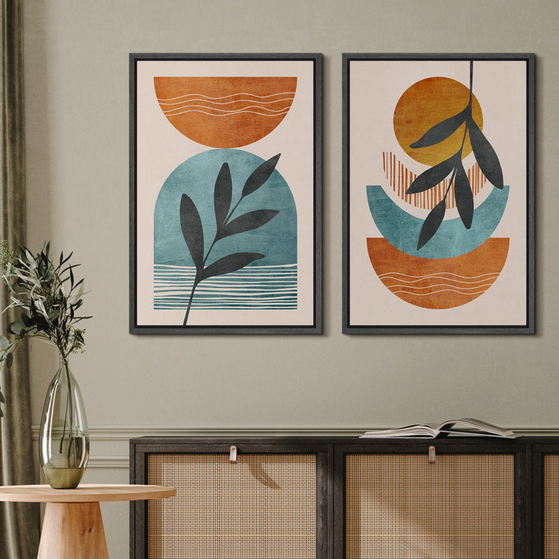 Modern Abstract Orange and Green Polygon Art Print - Framed Canvas Set