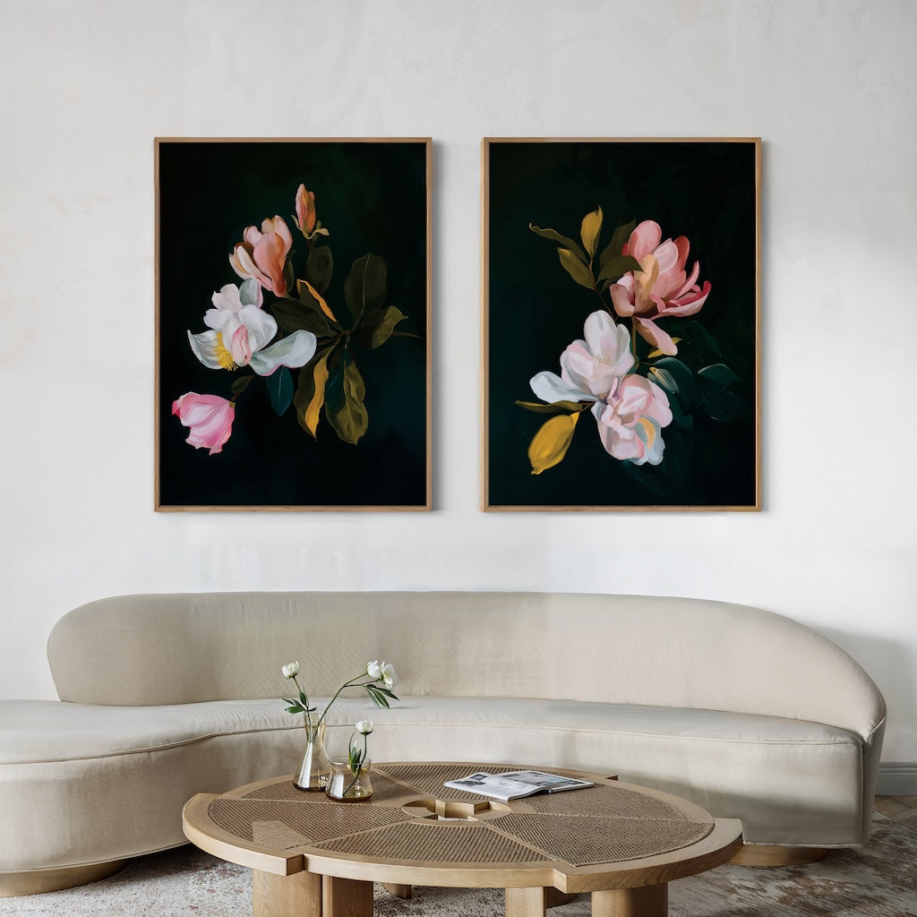 Enchanting Floral Oil Paintings - Set of Two Elegant Blossoms on Dark Background