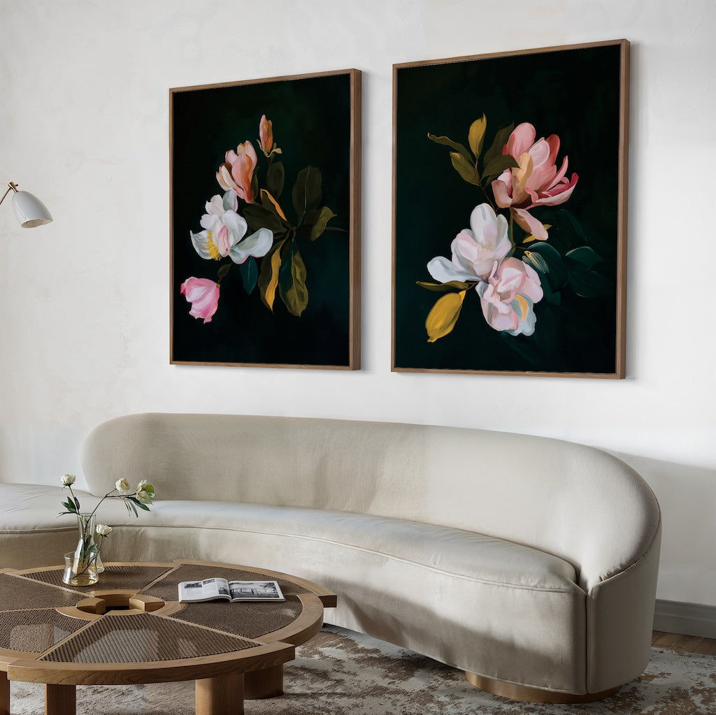 Enchanting Floral Oil Paintings - Set of Two Elegant Blossoms on Dark Background