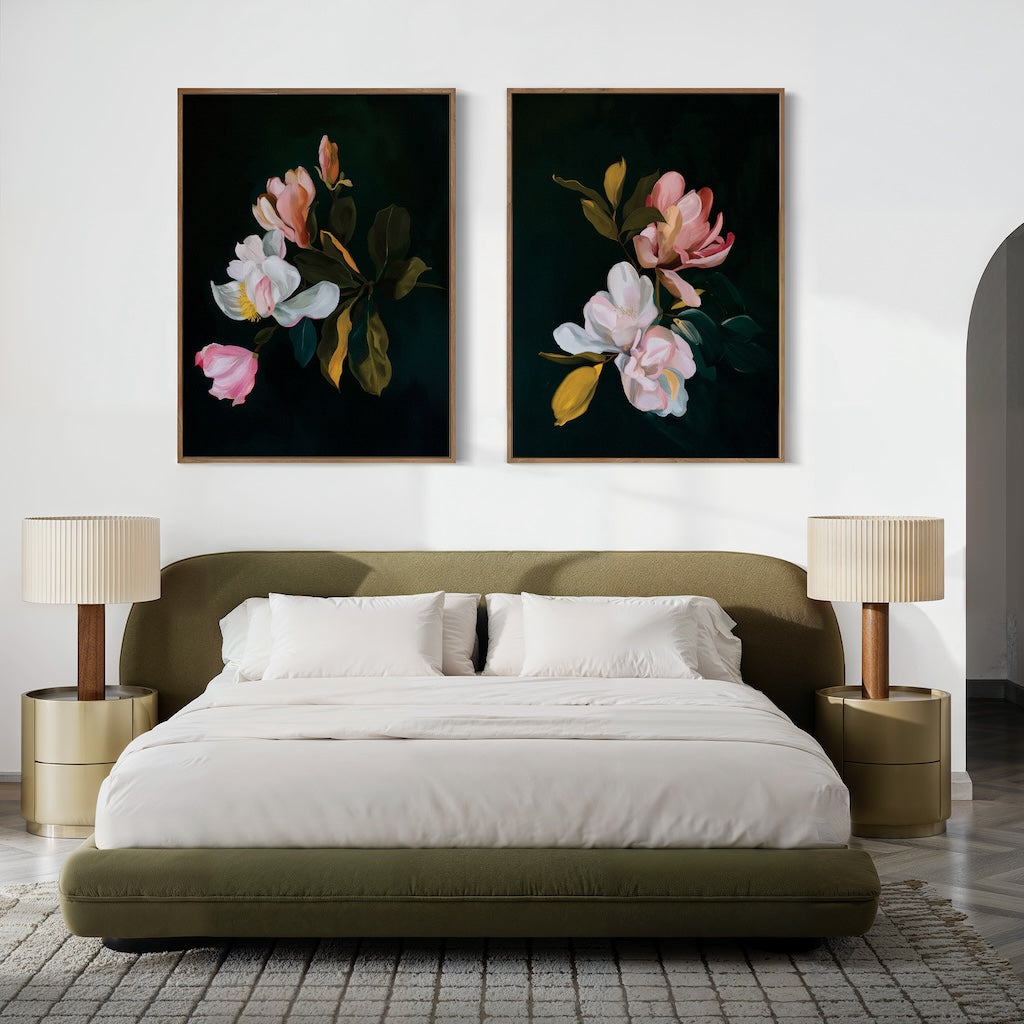 Enchanting Floral Oil Paintings - Set of Two Elegant Blossoms on Dark Background
