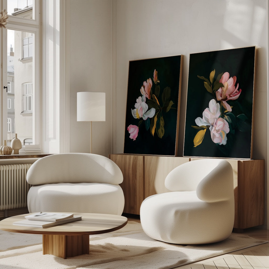 Enchanting Floral Oil Paintings - Set of Two Elegant Blossoms on Dark Background