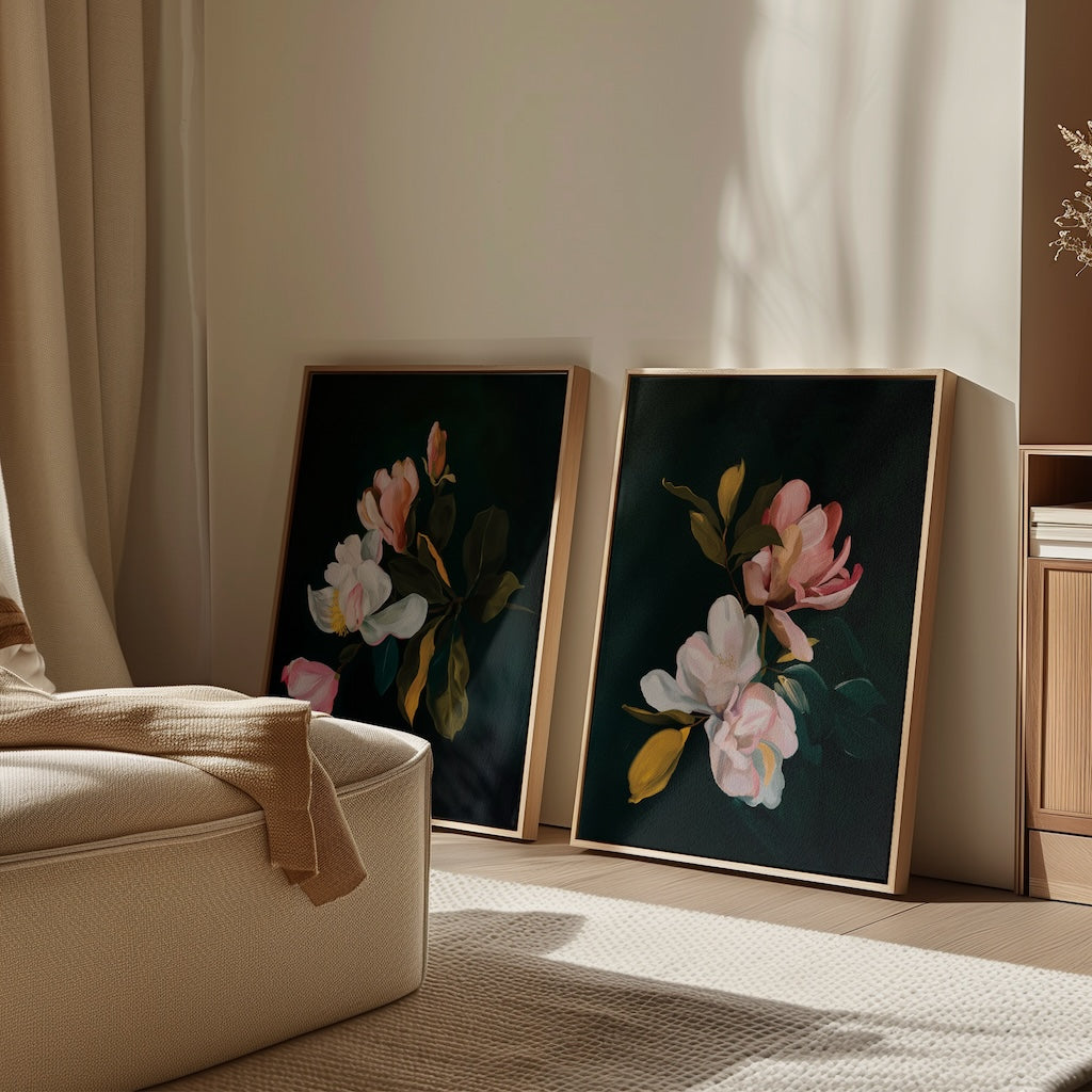 Enchanting Floral Oil Paintings - Set of Two Elegant Blossoms on Dark Background