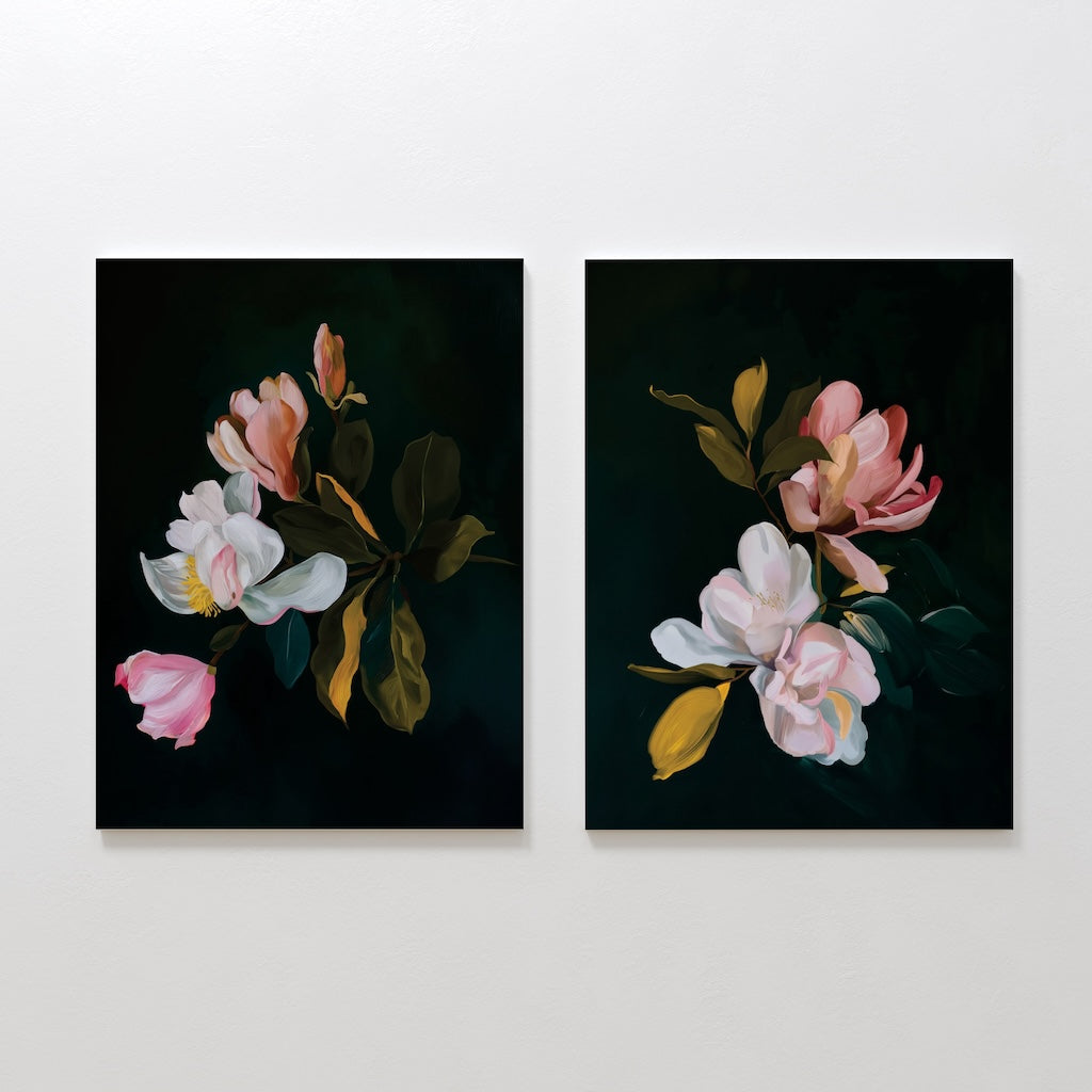 Enchanting Floral Oil Paintings - Set of Two Elegant Blossoms on Dark Background