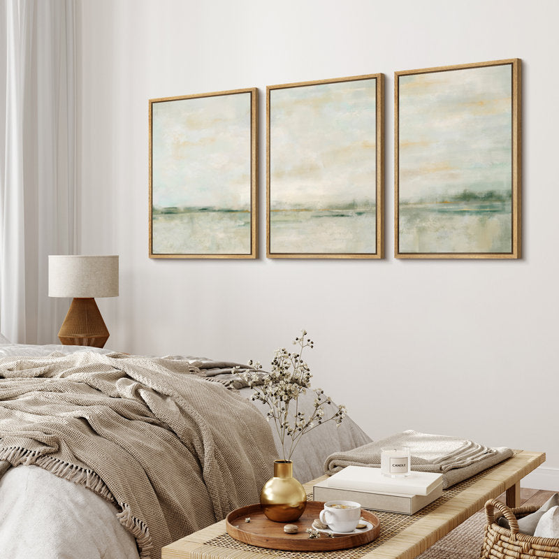 Tranquil Green Pastel Landscape Art Set - Abstract Framed Oil Paintings for Elegant Decor