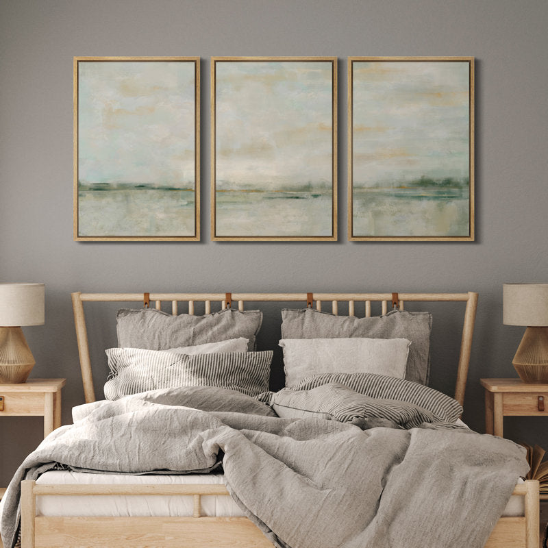 Tranquil Green Pastel Landscape Art Set - Abstract Framed Oil Paintings for Elegant Decor