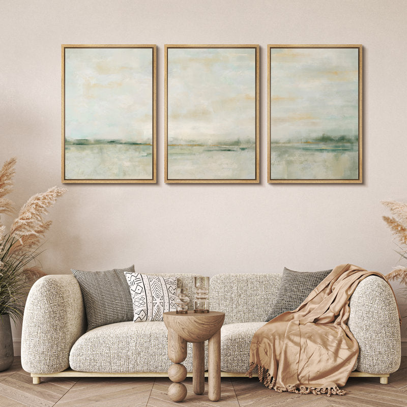 Tranquil Green Pastel Landscape Art Set - Abstract Framed Oil Paintings for Elegant Decor