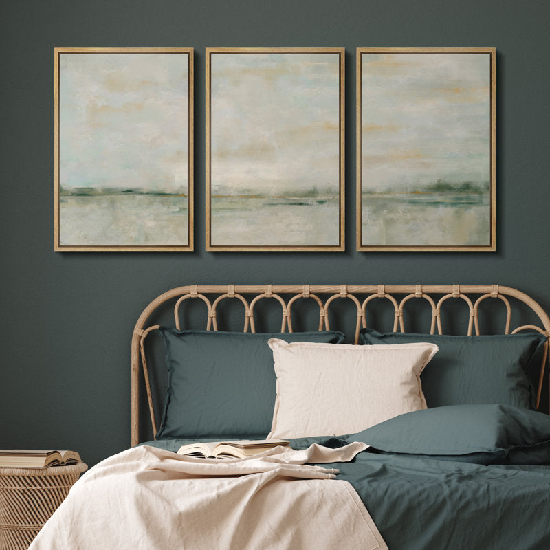 Tranquil Green Pastel Landscape Art Set - Abstract Framed Oil Paintings for Elegant Decor