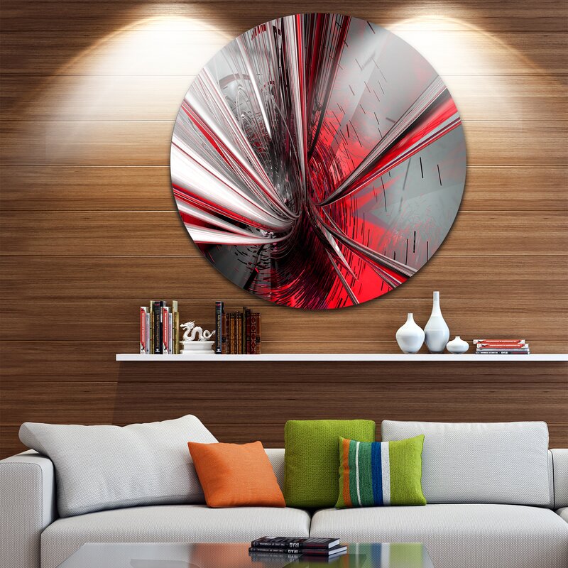 Dynamic Abstract Art: Modern Circular Oil Painting in Red and Silver