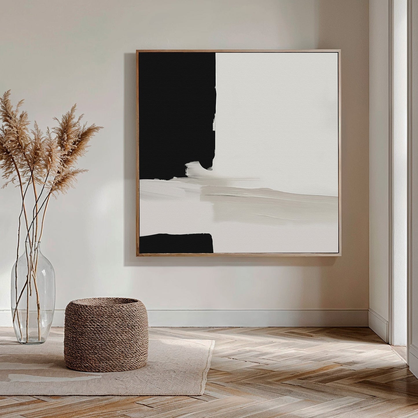 Black and White Abstract Oil Painting - Modern Monochrome Wall Art for Home Decor