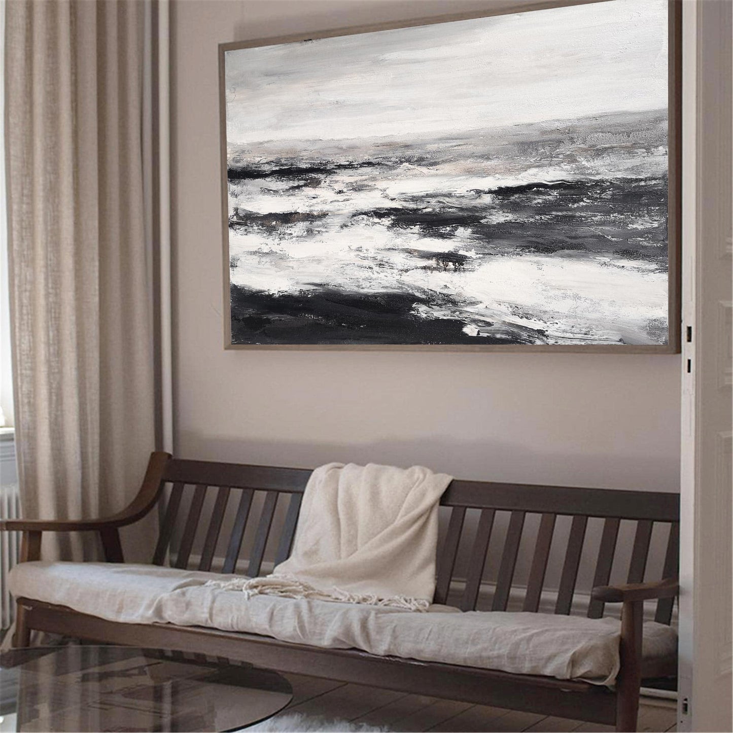 Monochrome Coastal Serenity: Abstract Black and White Beach Oil Painting
