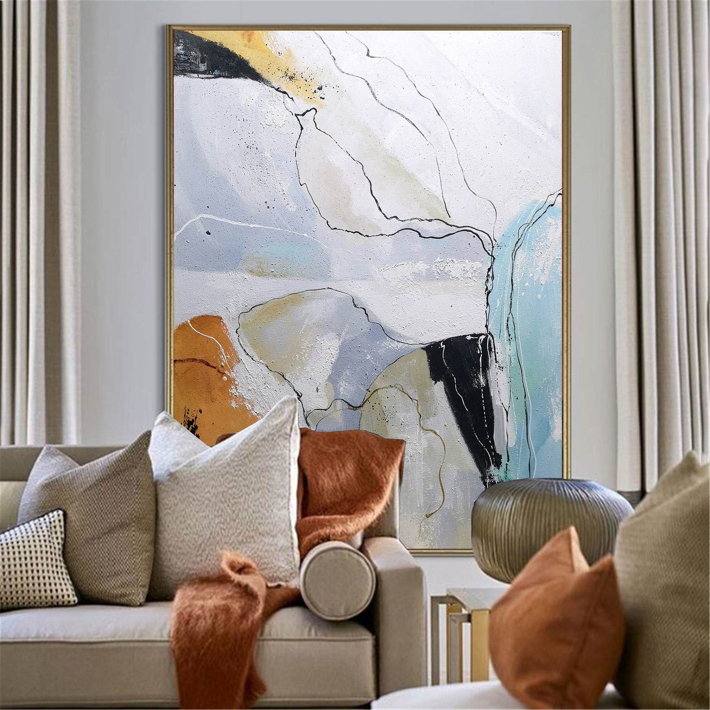 Contemporary Abstract Oil Painting with Geometric Shapes and Vibrant Colors