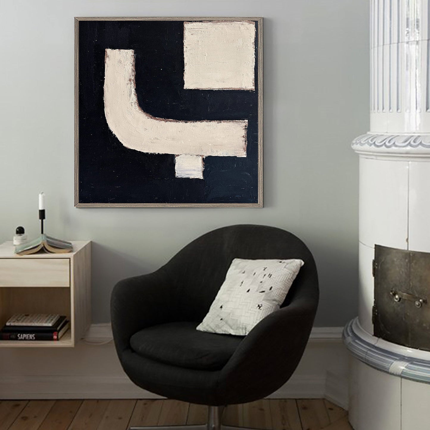 Contemporary Abstract Oil Painting in Black and White for Modern Decor