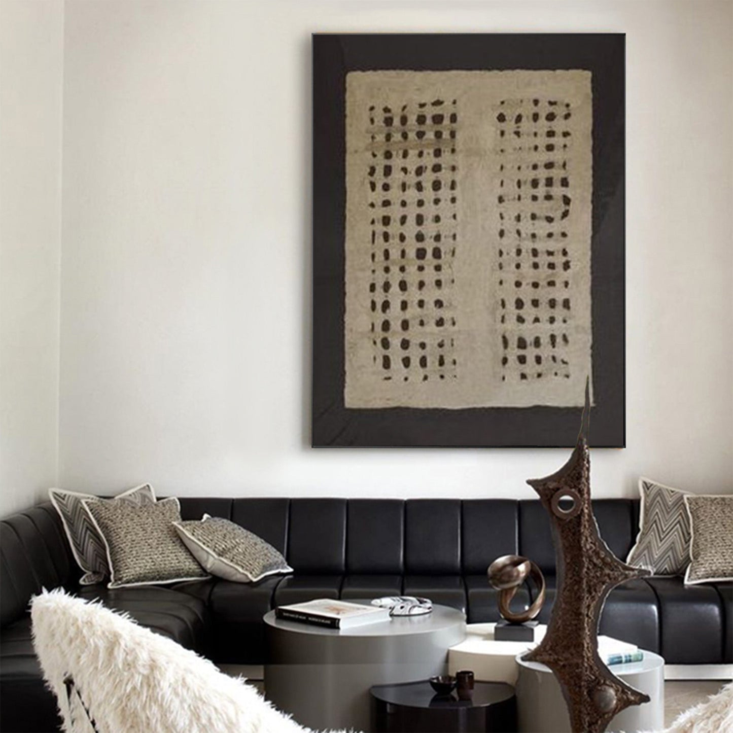 Contemporary Black Grid Abstract Oil Painting for Modern Home Decor
