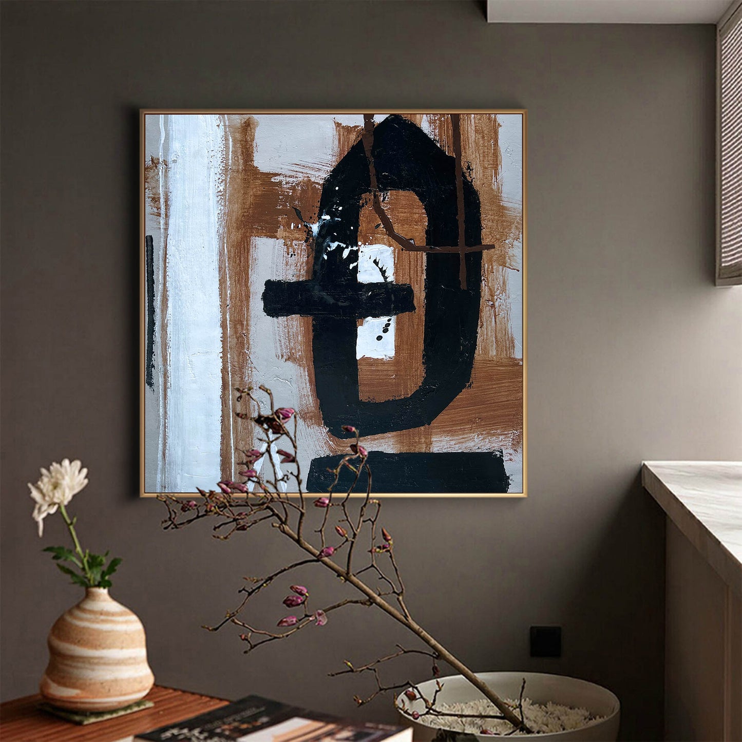 Contemporary Black Brown Abstract Oil Painting for Modern Home Decor