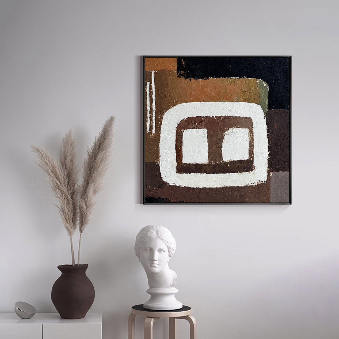 Contemporary Abstract Oil Painting with Earthy Tones and Bold Geometric Shapes
