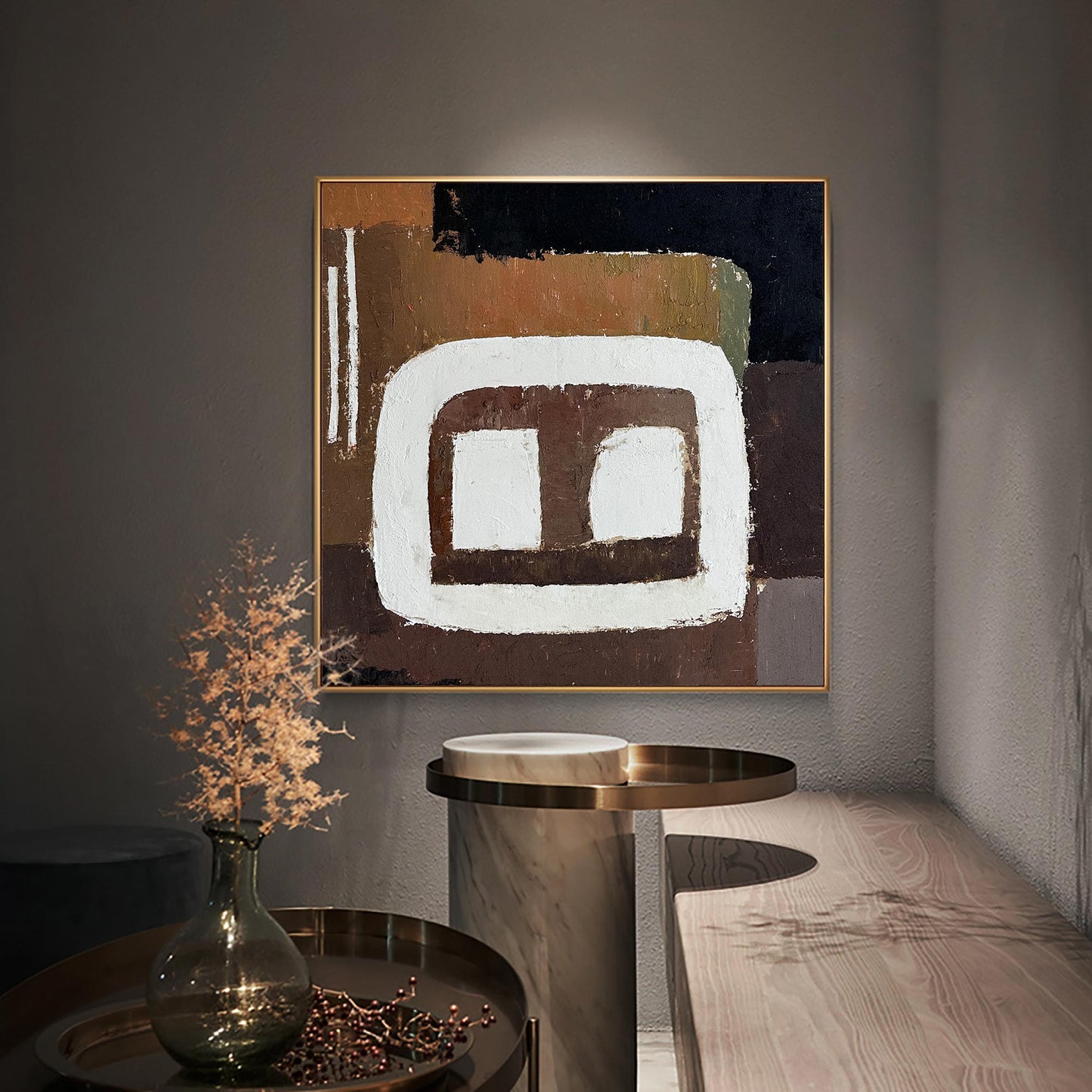 Contemporary Abstract Oil Painting with Earthy Tones and Bold Geometric Shapes