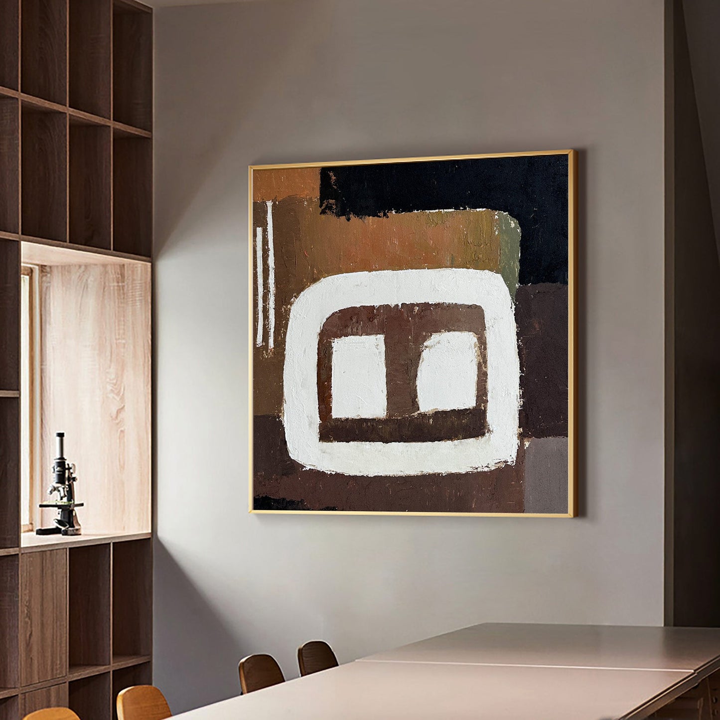 Contemporary Abstract Oil Painting with Earthy Tones and Bold Geometric Shapes