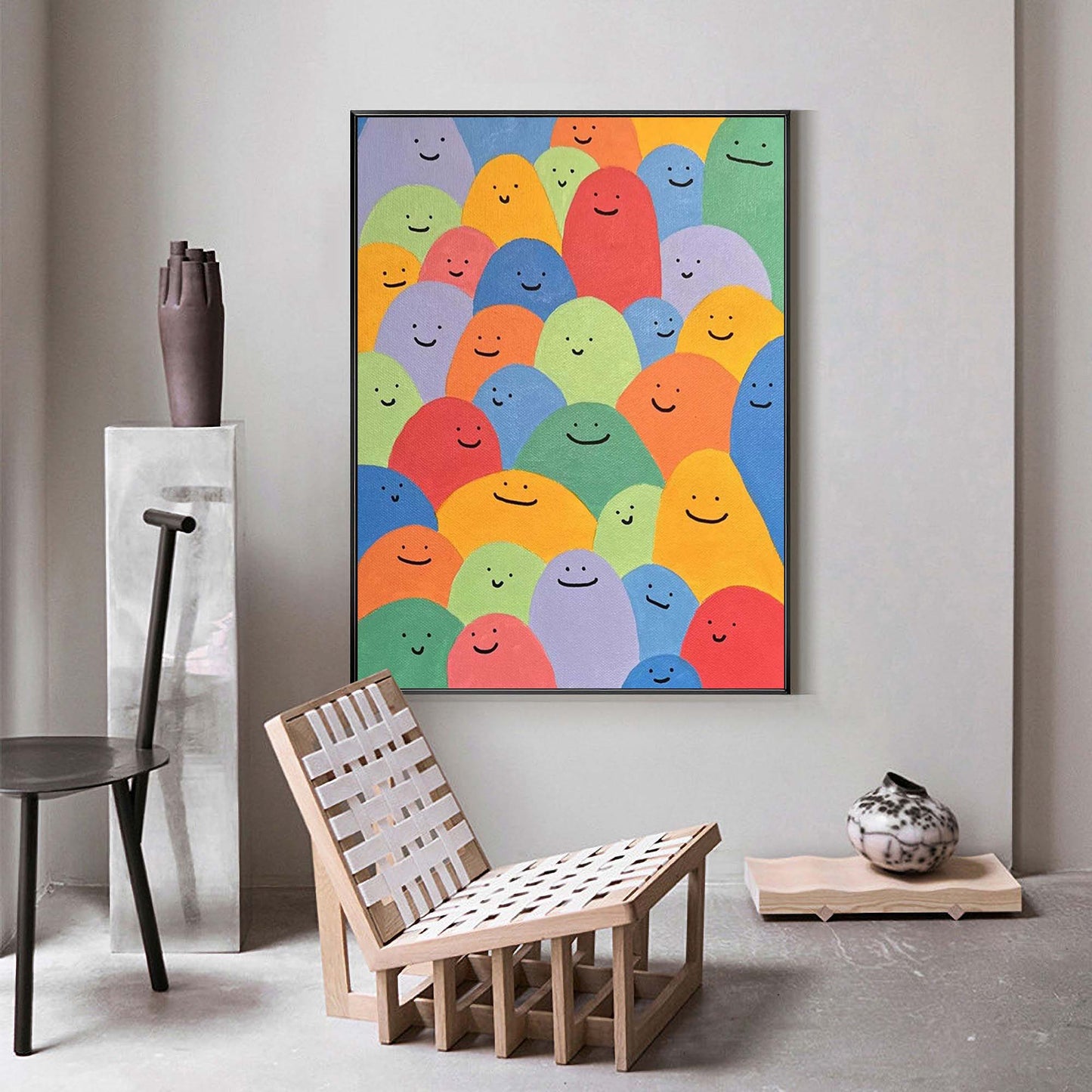 Colorful Abstract Oil Painting of Happy Faces – Cheerful Canvas Wall Art Decor
